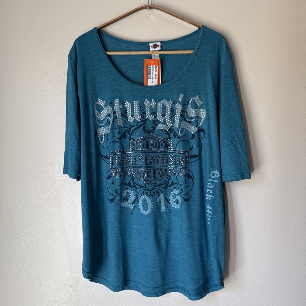 Harley Davidson T Shirt‎ Womens Size L Blue Motorcycle Top 2016 Sturgis NWT